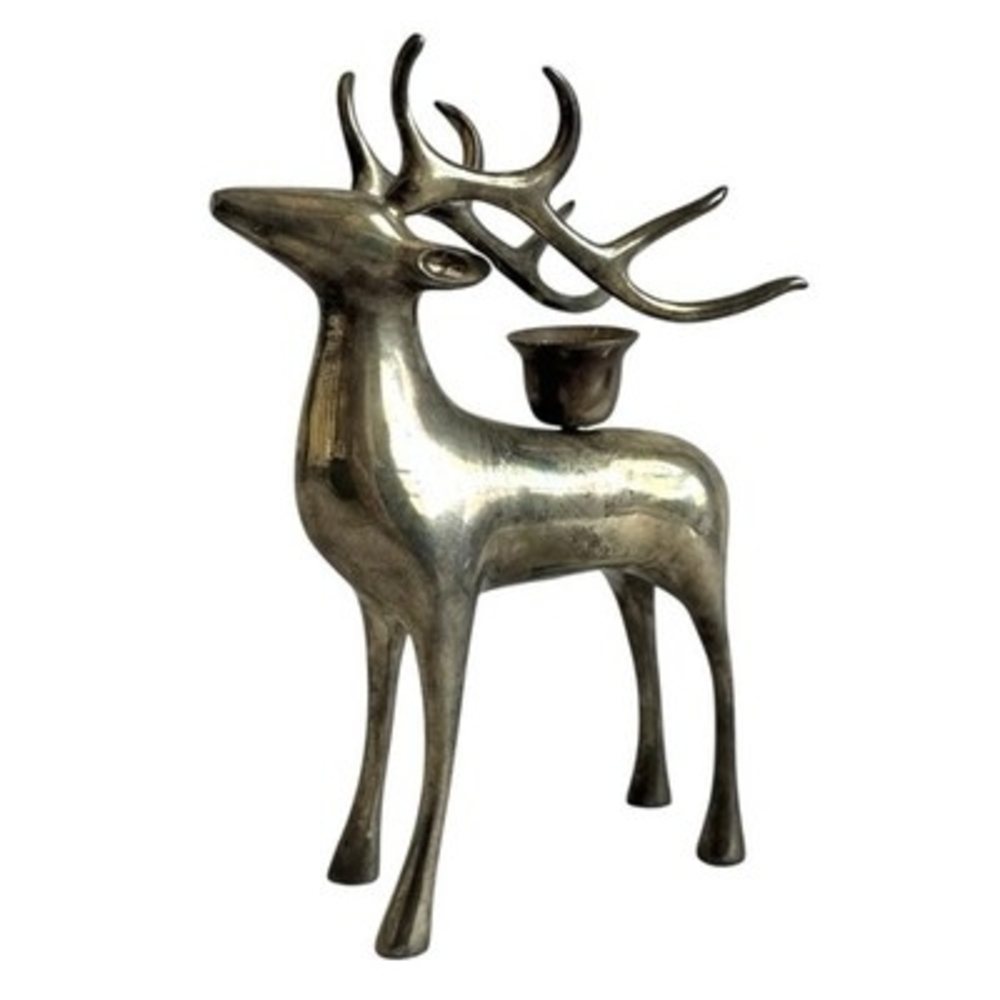 Pottery Barn Vintage Brass Deer Reindeer Buck Candle Holder 8" Christmas Taper - Picture 3 of 8